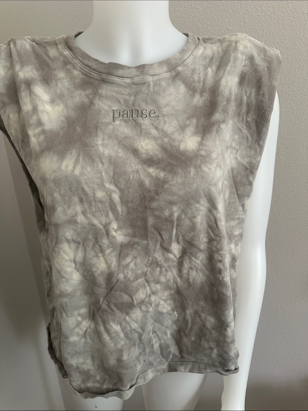 Forever 21 Taupe & Cream Tie-Dye Muscle Tee with Embroidered Pause Logo